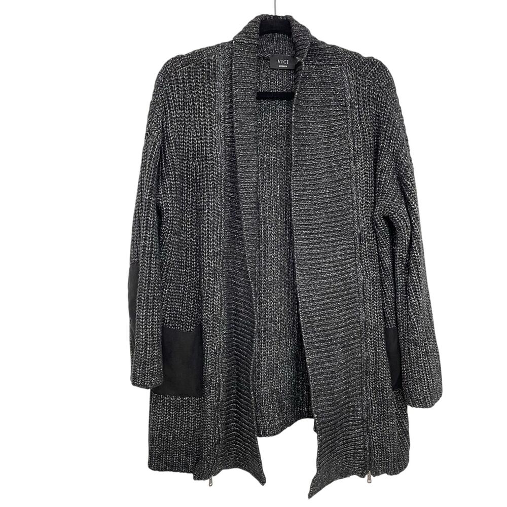 Vici Black Chunky Knit Open Front Cardigan Sweater Zipper Details Womens M